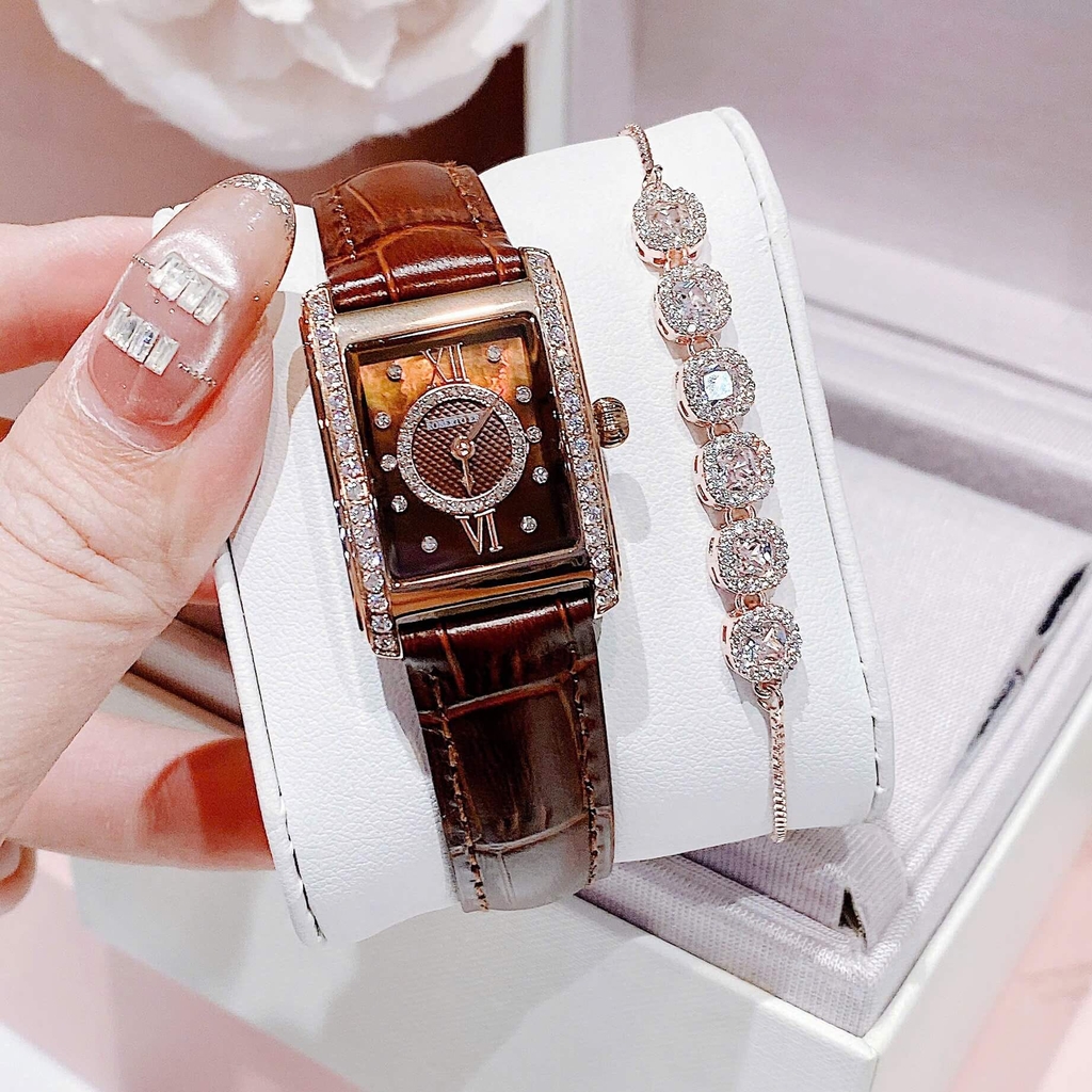 Set Đồng Hồ Nữ Roberto Era Dây Da Nâu Mặt Chữ Nhật Size 28mm Viền Mặt Đính Đá Vỏ Rose Gold RE350