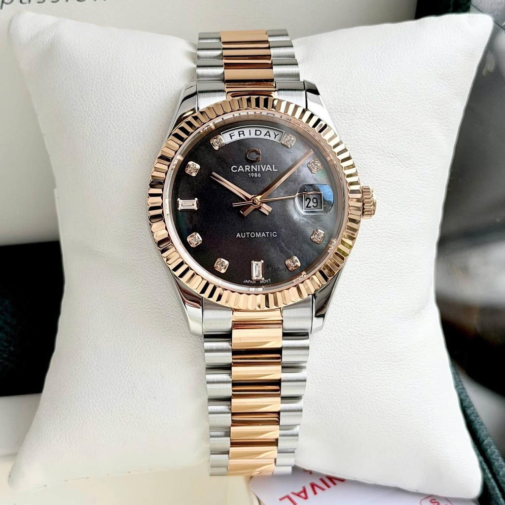 Đồng Hồ Nam Carnival 8239G-CH-DK Automatic Demi Vàng Hồng Mặt Xà Cừ Xám Size 38mm Chính Hãng