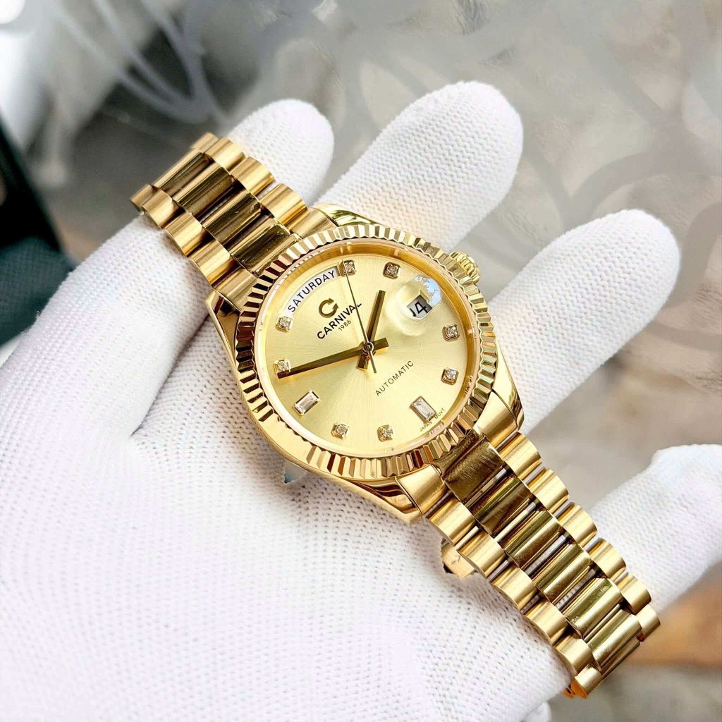 Đồng Hồ Nam Carnival 8239G-VV-V Automatic Dây Vàng Mặt Vàng Size 38mm Chính Hãng (Vàng Gold)