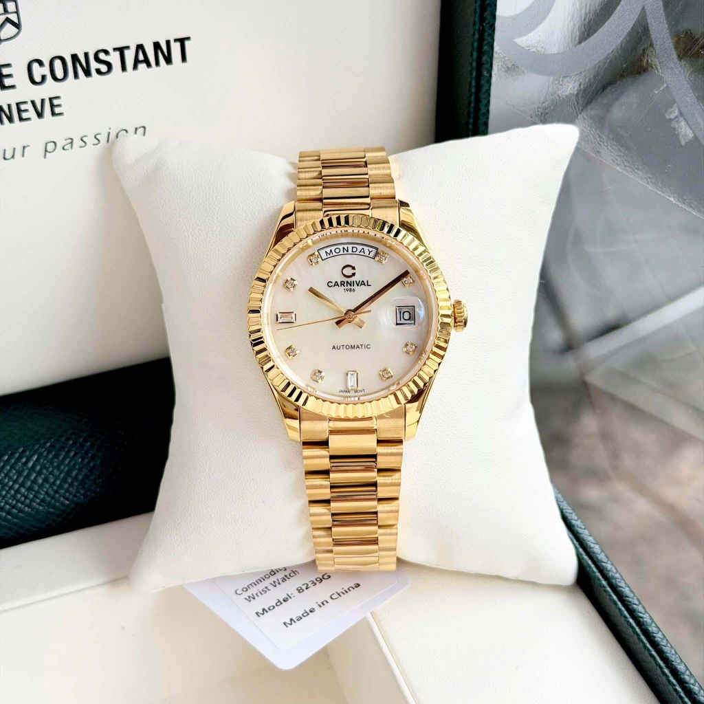 Đồng Hồ Nam Carnival 8239G-VV-TK Automatic Vàng Gold Mặt Xà Cừ Trắng Size 38mm Chính Hãng