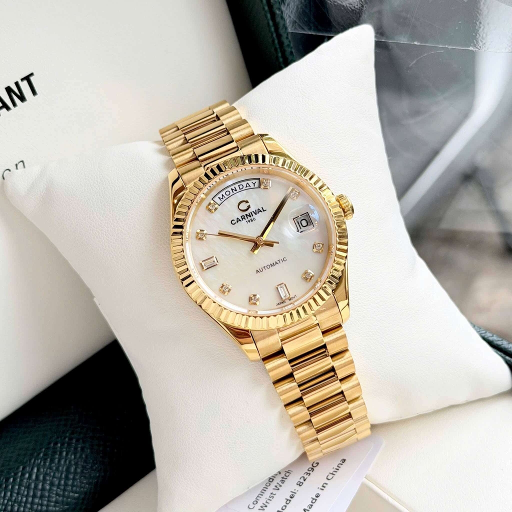 Đồng Hồ Nam Carnival 8239G-VV-TK Automatic Vàng Gold Mặt Xà Cừ Trắng Size 38mm Chính Hãng