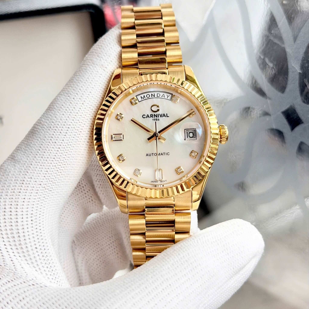 Đồng Hồ Nam Carnival 8239G-VV-TK Automatic Vàng Gold Mặt Xà Cừ Trắng Size 38mm Chính Hãng