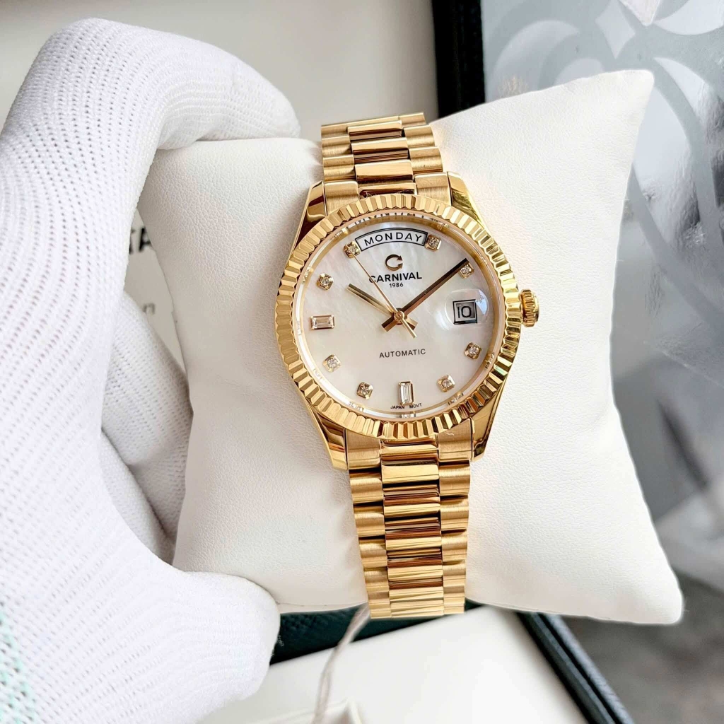 Đồng Hồ Nam Carnival 8239G-VV-TK Automatic Vàng Gold Mặt Xà Cừ Trắng Size 38mm Chính Hãng
