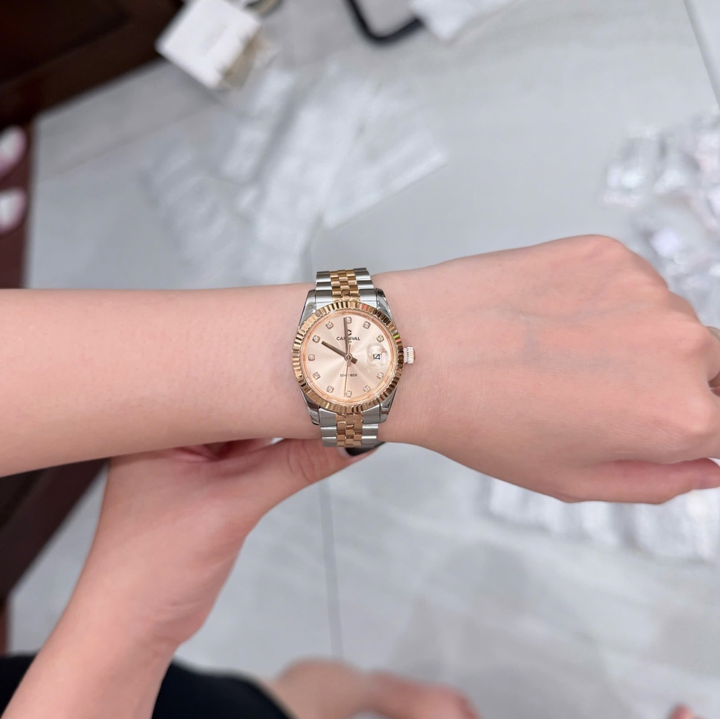 Đồng Hồ Nữ Carnival 8250L-CH-DK Demi Vàng Hồng Mặt Cùng Tone Dây Size 30mm Quartz Japan
