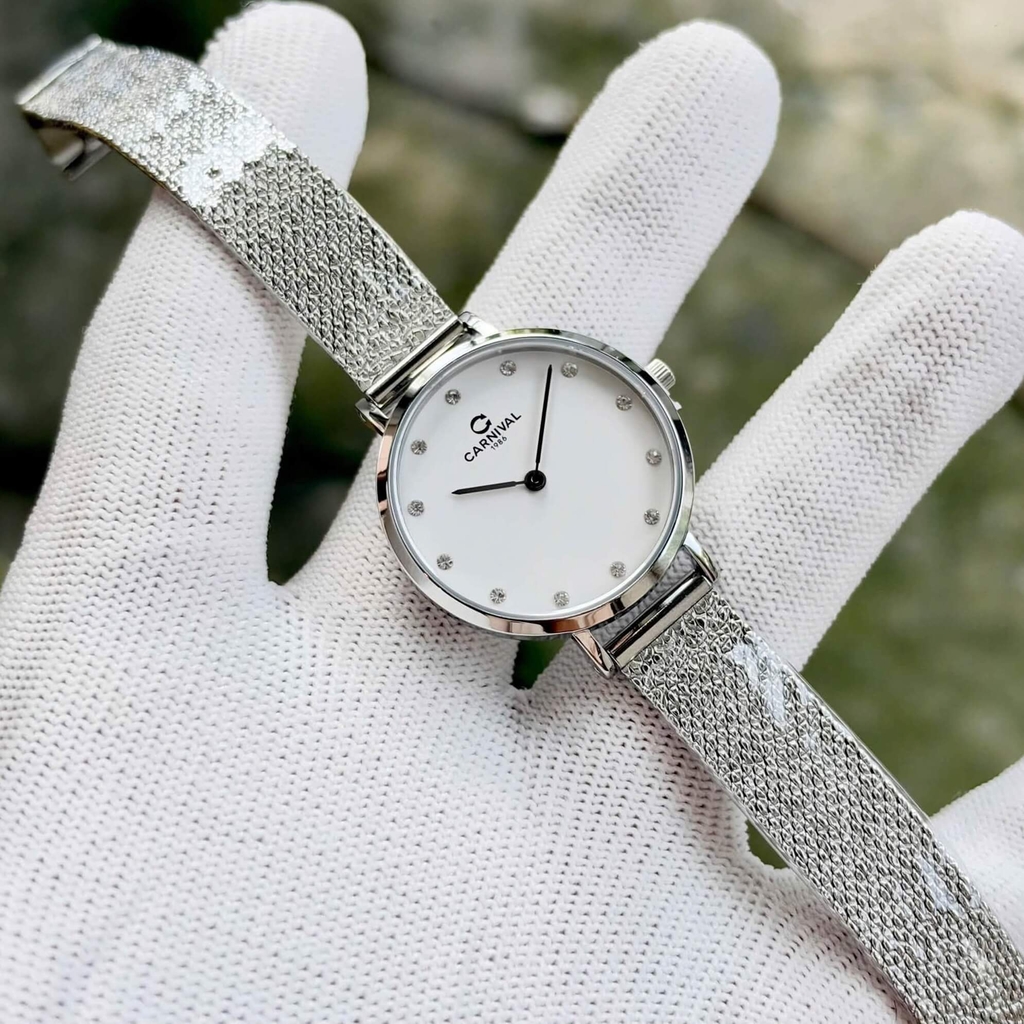 Đồng Hồ Nữ Carnival 8253L-VT-T Dây Mesh Bạc Mặt Trắng Size 30mm Mỏng Nhỏ Xinh