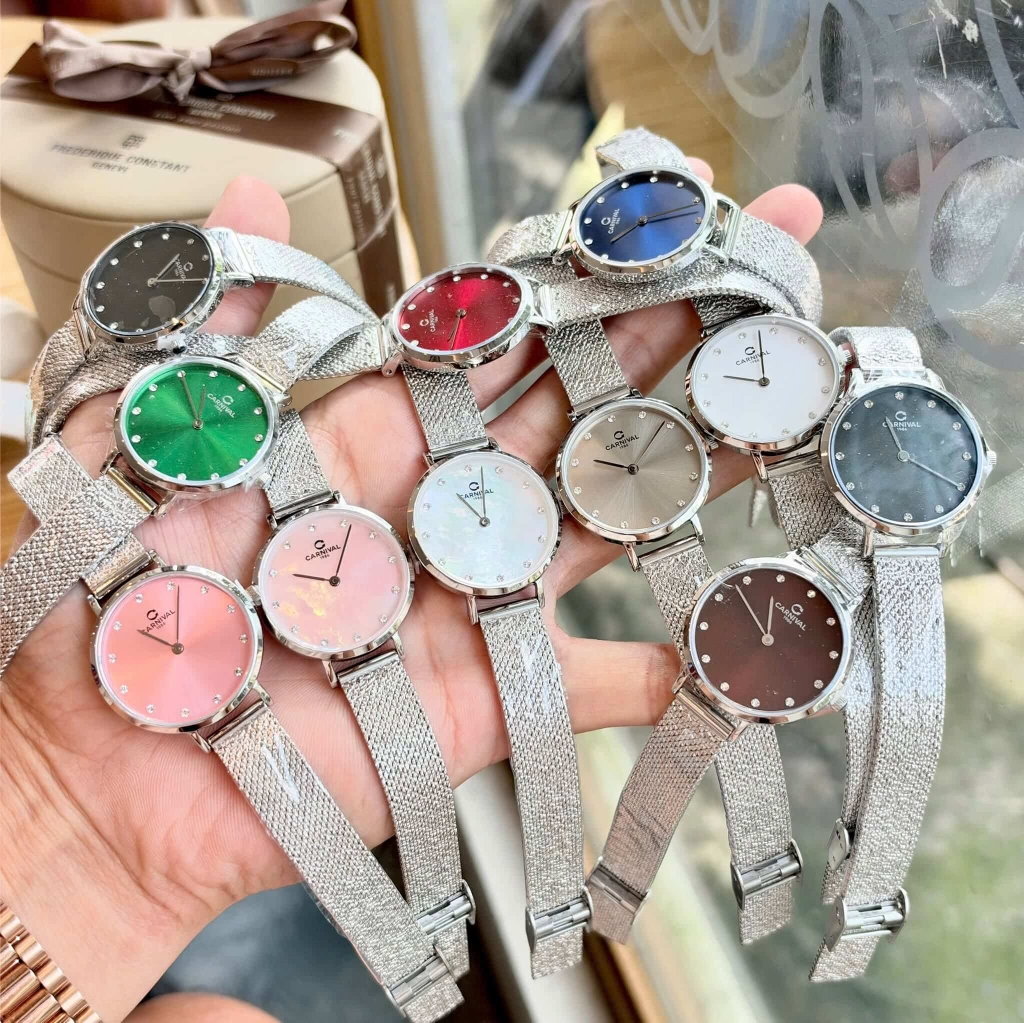 Đồng Hồ Nữ Carnival 8253L-VT-D Dây Mesh Bạc Mặt Đen Size 30mm Mỏng Nhỏ Xinh
