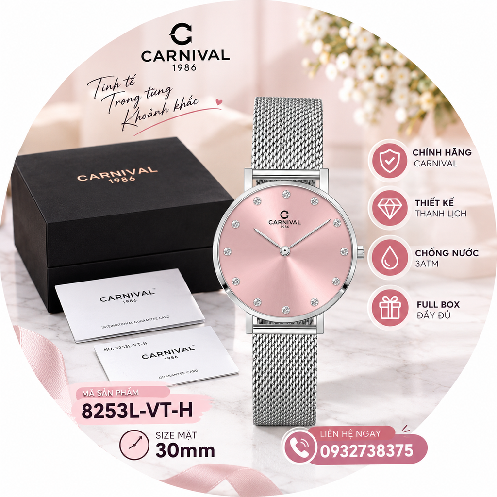 Đồng Hồ Nữ Carnival 8253L-VT-H Dây Mesh Bạc Mặt Hồng Size 30mm Mỏng Nhỏ Xinh