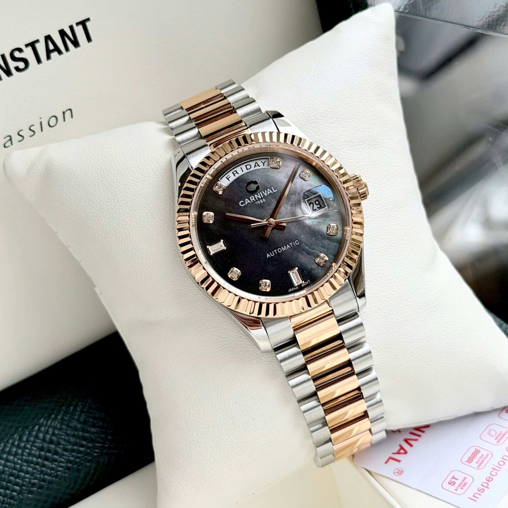 Đồng Hồ Nam Carnival 8239G-CH-DK Automatic Demi Vàng Hồng Mặt Xà Cừ Xám Size 38mm Chính Hãng