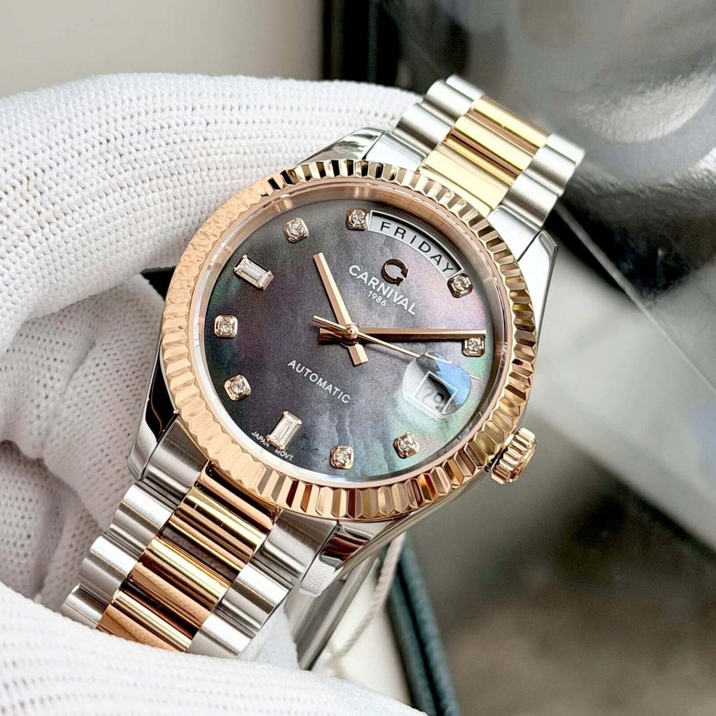 Đồng Hồ Nam Carnival 8239G-CH-DK Automatic Demi Vàng Hồng Mặt Xà Cừ Xám Size 38mm Chính Hãng