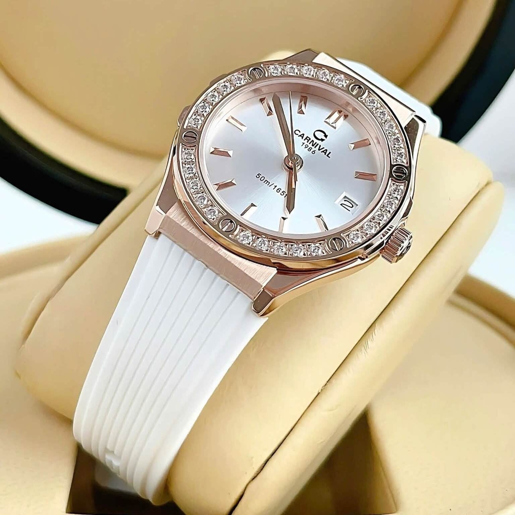 Đồng Hồ Nữ Carnival 8168L2 Dây Cao Su Trắng Mặt Trắng Đính Đá Rose Size 34mm Quartz 8168L2 VH-DCS-T1