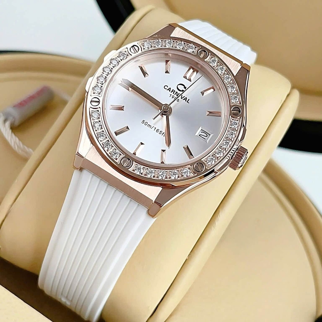 Đồng Hồ Nữ Carnival 8168L2 Dây Cao Su Trắng Mặt Trắng Đính Đá Rose Size 34mm Quartz 8168L2 VH-DCS-T1