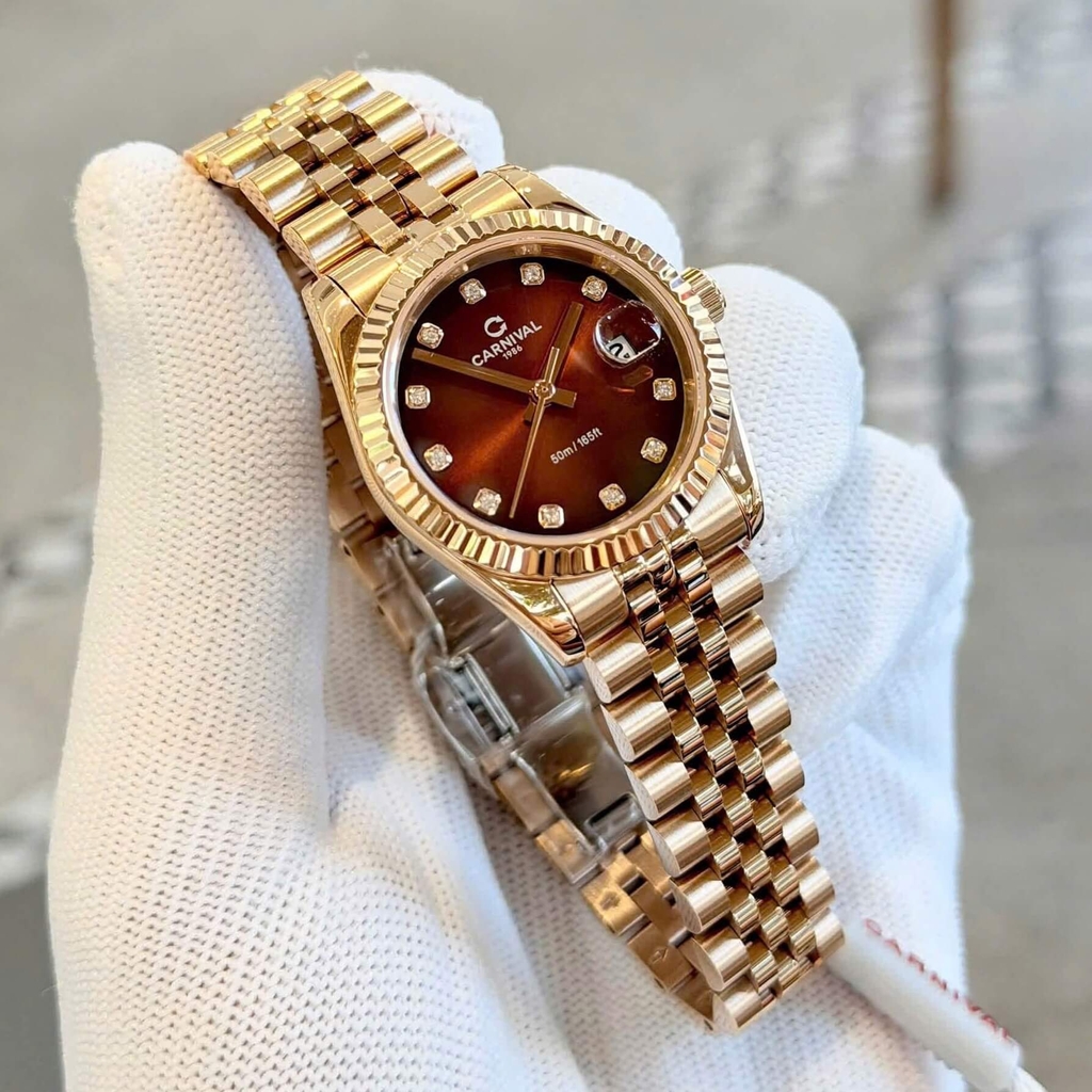 Đồng Hồ Nữ Carnival 8250L-VH-N Màu Vàng Hồng Mặt Nâu Socola Size 30mm Quartz Japan