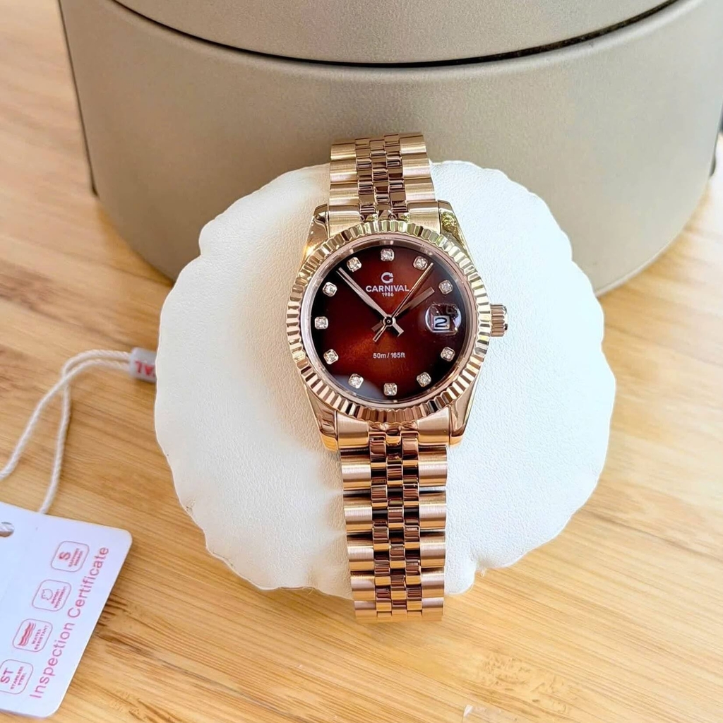 Đồng Hồ Nữ Carnival 8250L-VH-N Màu Vàng Hồng Mặt Nâu Socola Size 30mm Quartz Japan
