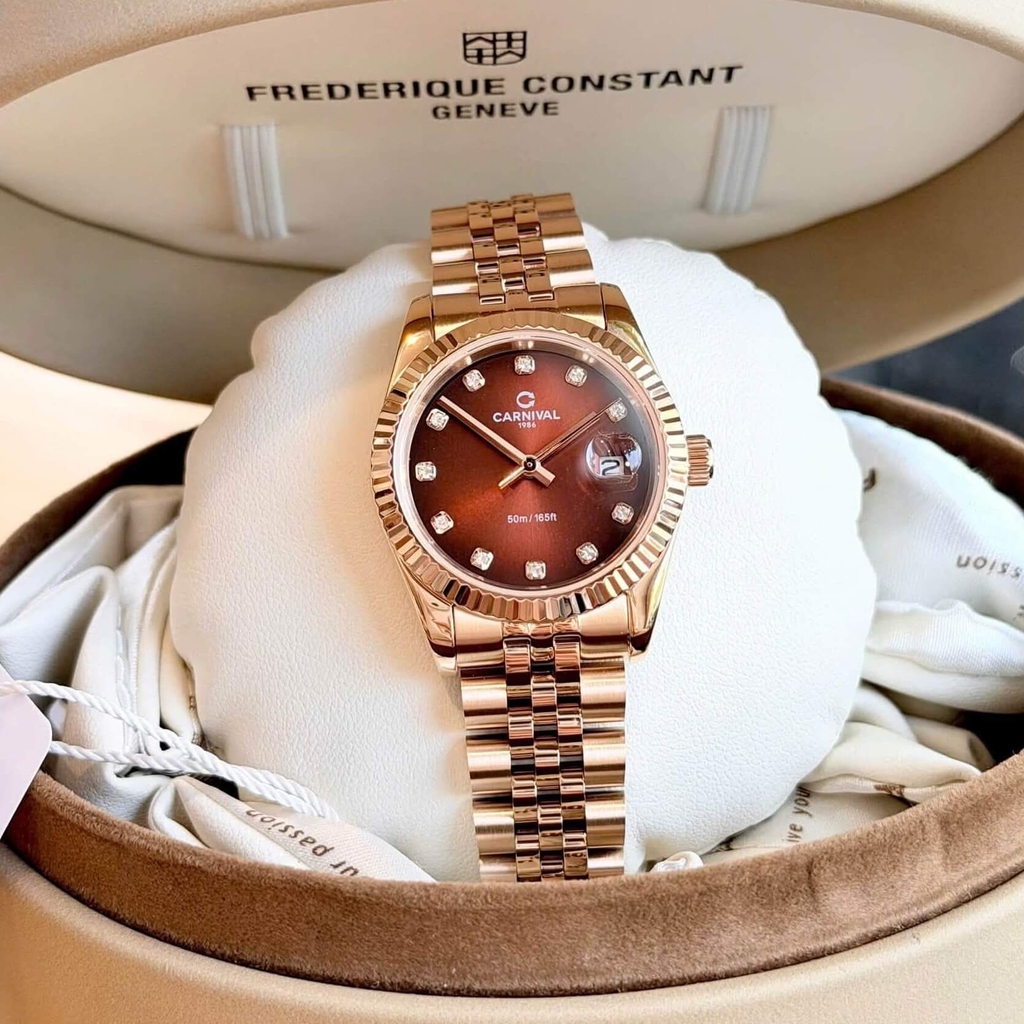 Đồng Hồ Nữ Carnival 8250L-VH-N Màu Vàng Hồng Mặt Nâu Socola Size 30mm Quartz Japan