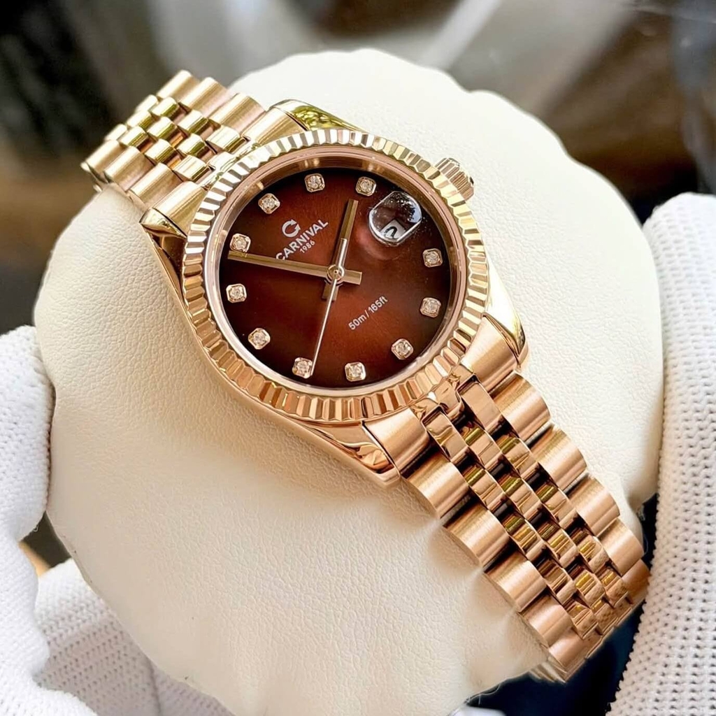Đồng Hồ Nữ Carnival 8250L-VH-N Màu Vàng Hồng Mặt Nâu Socola Size 30mm Quartz Japan