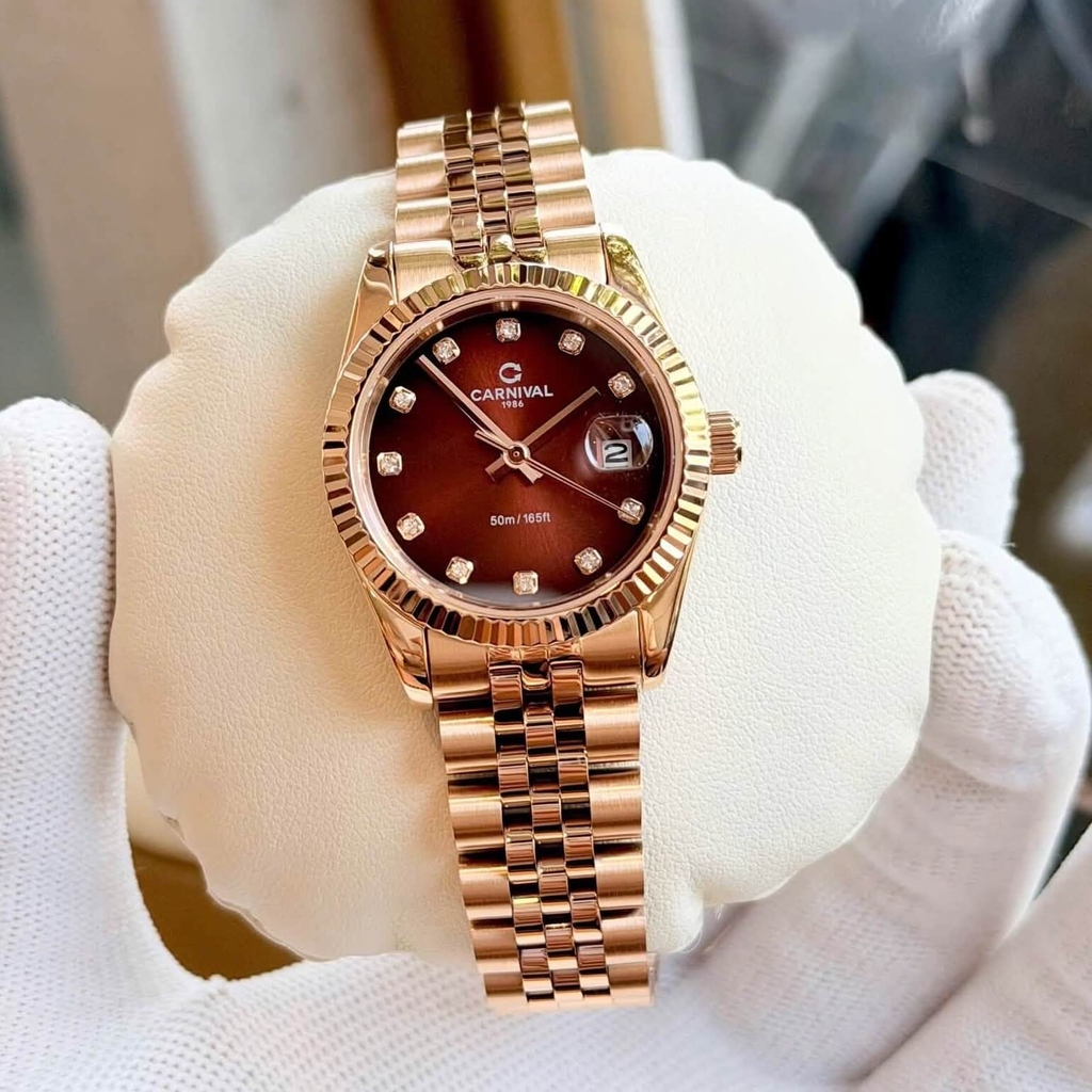 Đồng Hồ Nữ Carnival 8250L-VH-N Màu Vàng Hồng Mặt Nâu Socola Size 30mm Quartz Japan