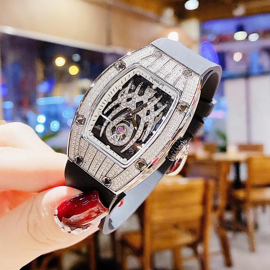 Set Đồng Hồ Nữ Hanboro Mặt Nhện Dây Cao Su Đen Chính Hãng Đính Đá Silver Size 31x44mm Quartz Tặng Kèm Lắc Tay