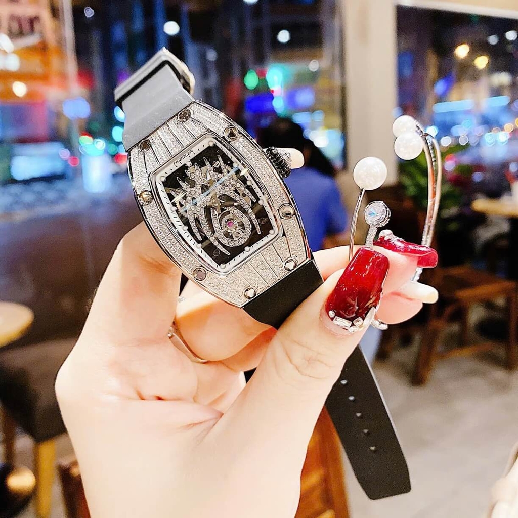 Set Đồng Hồ Nữ Hanboro Mặt Nhện Dây Cao Su Đen Chính Hãng Đính Đá Silver Size 31x44mm Quartz Tặng Kèm Lắc Tay