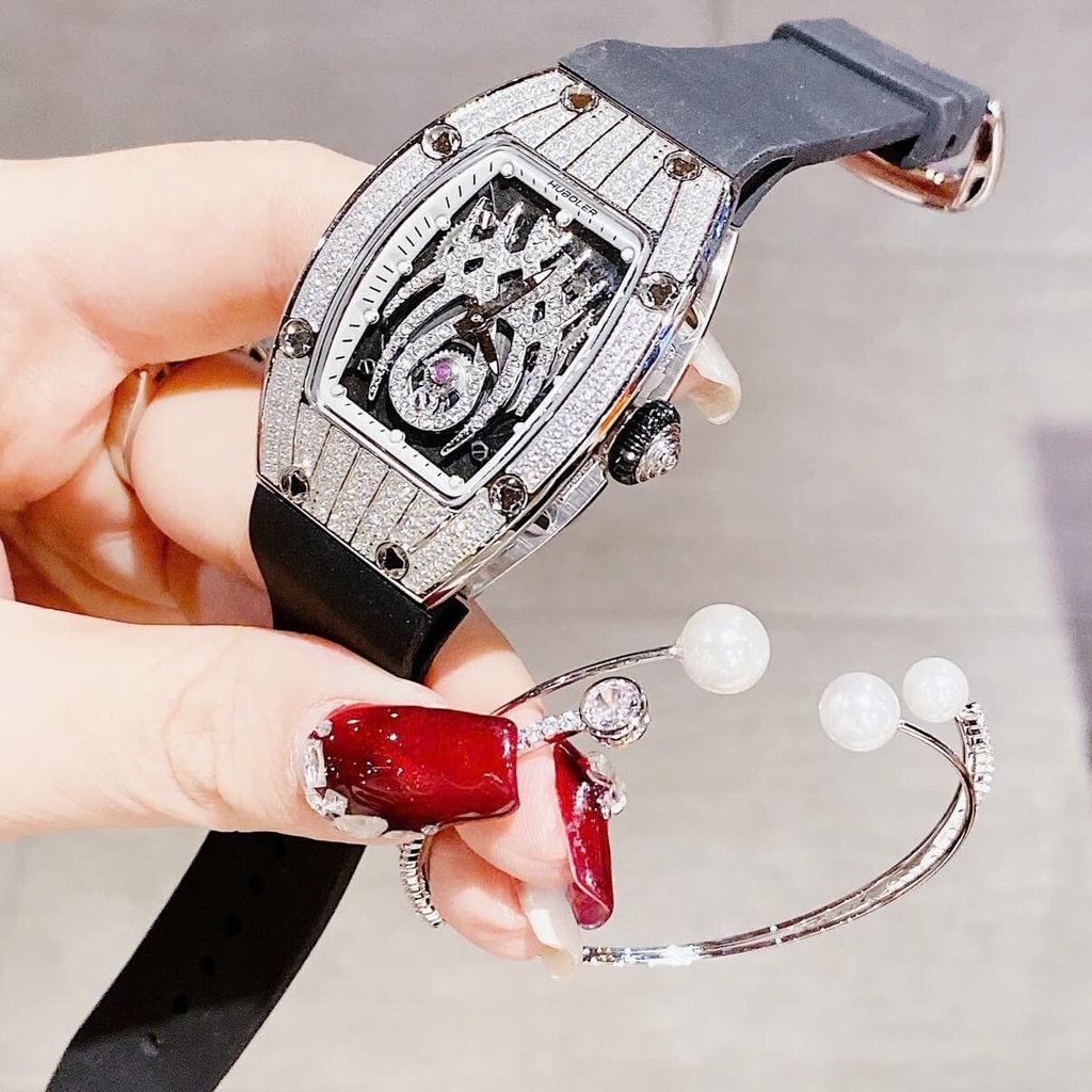 Set Đồng Hồ Nữ Hanboro Mặt Nhện Dây Cao Su Đen Chính Hãng Đính Đá Silver Size 31x44mm Quartz Tặng Kèm Lắc Tay