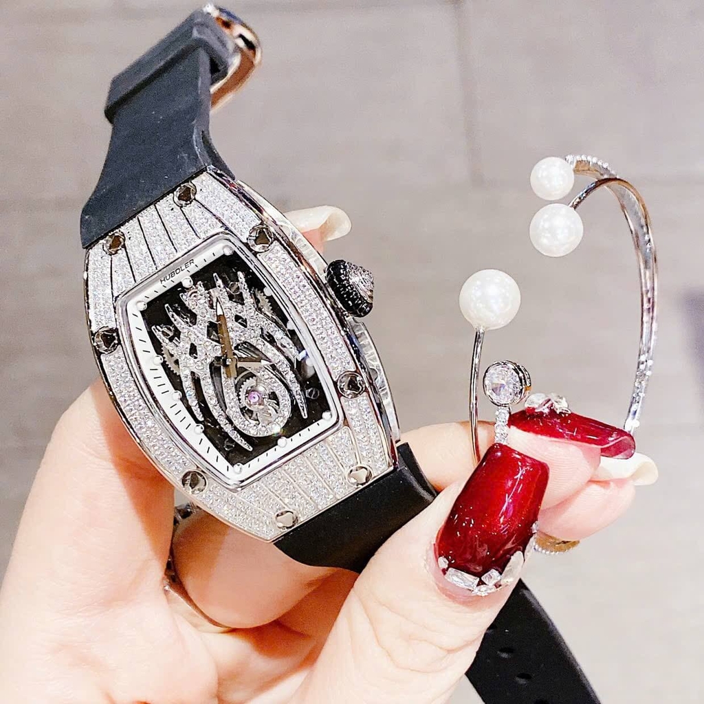 Set Đồng Hồ Nữ Hanboro Mặt Nhện Dây Cao Su Đen Chính Hãng Đính Đá Silver Size 31x44mm Quartz Tặng Kèm Lắc Tay