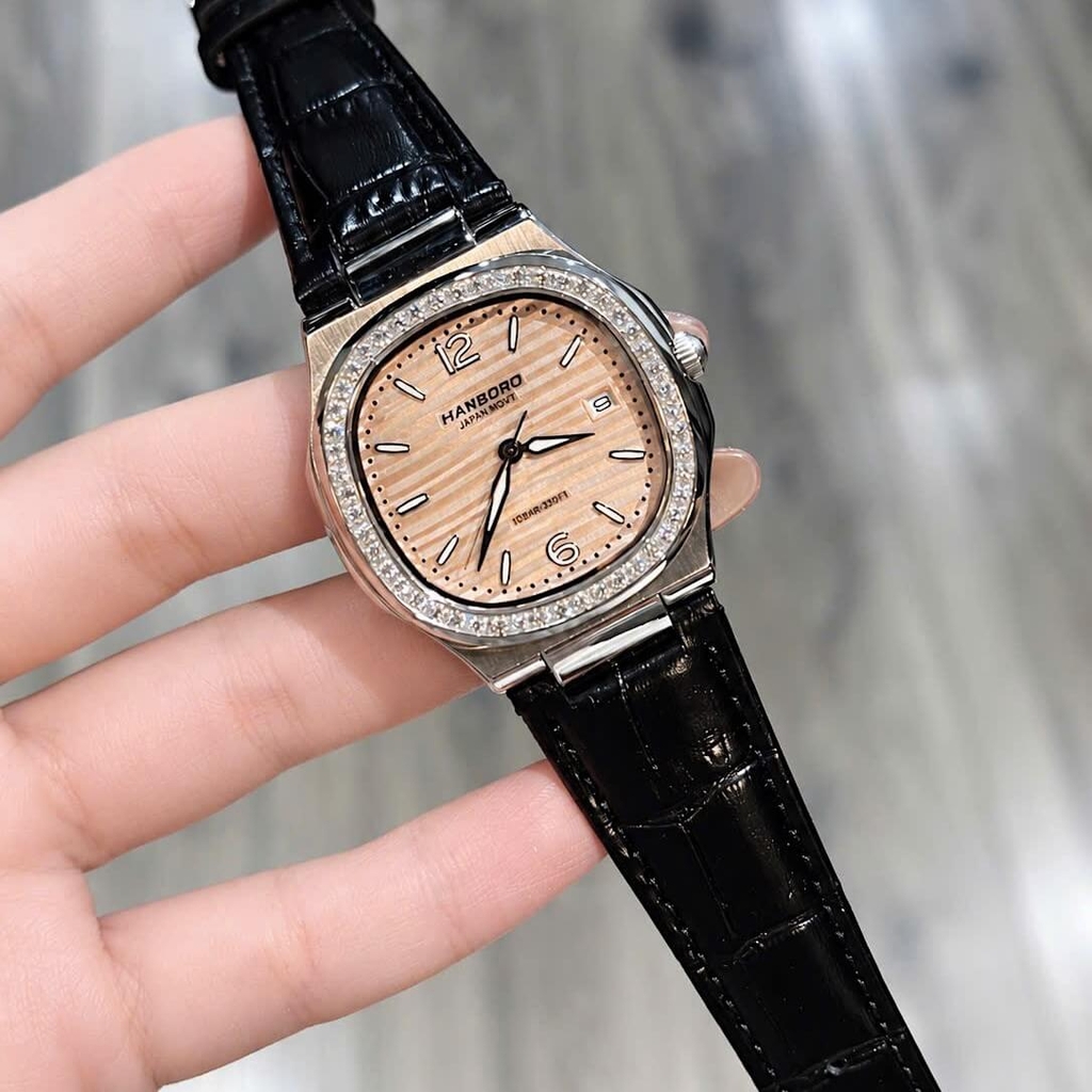 Đồng Hồ Hanboro Nữ Chính Hãng Dây Da Đen Mặt Cam Sữa Viền Đính Đá Size 34mm Quartz Japan Tặng Kèm Vòng Tay