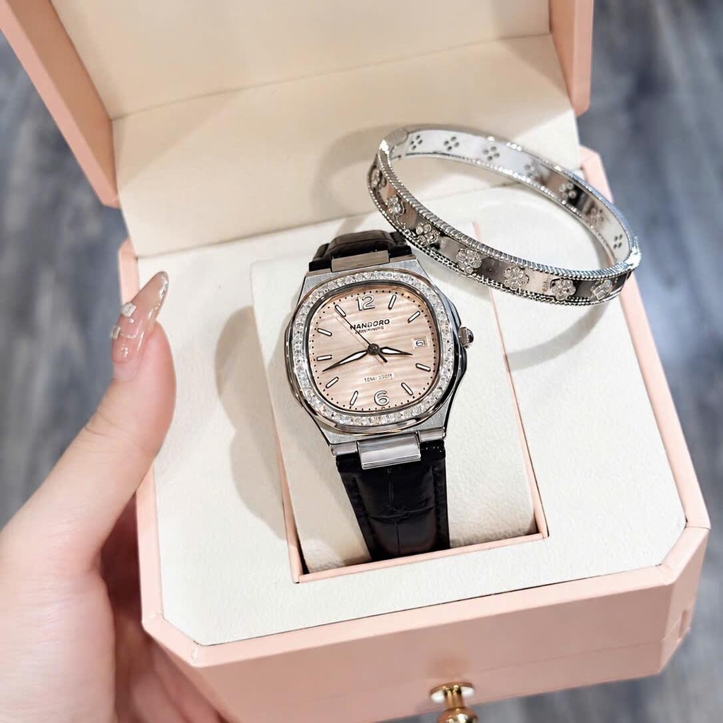 Đồng Hồ Hanboro Nữ Chính Hãng Dây Da Đen Mặt Cam Sữa Viền Đính Đá Size 34mm Quartz Japan Tặng Kèm Vòng Tay