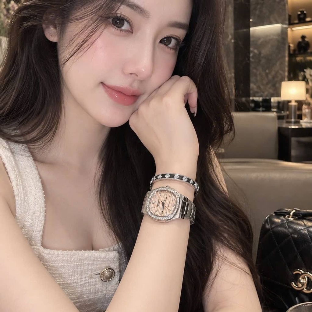 Đồng Hồ Hanboro Nữ Chính Hãng Dây Da Đen Mặt Cam Sữa Viền Đính Đá Size 34mm Quartz Japan Tặng Kèm Vòng Tay