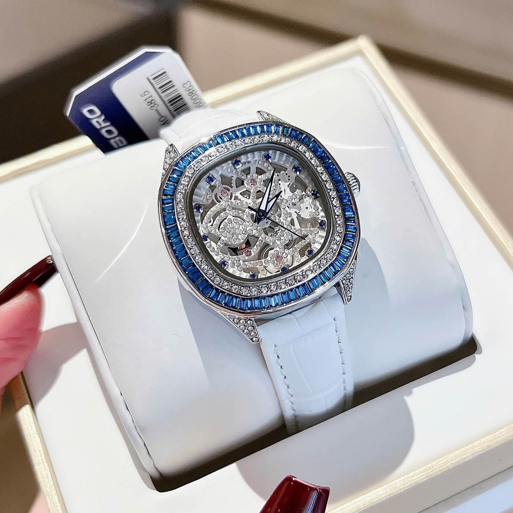 Đồng Hồ Hanboro Nữ Dây Da Trắng Mặt Viền Đá Ruby Xanh Bo Tròn Size 34mm Quartz Japan