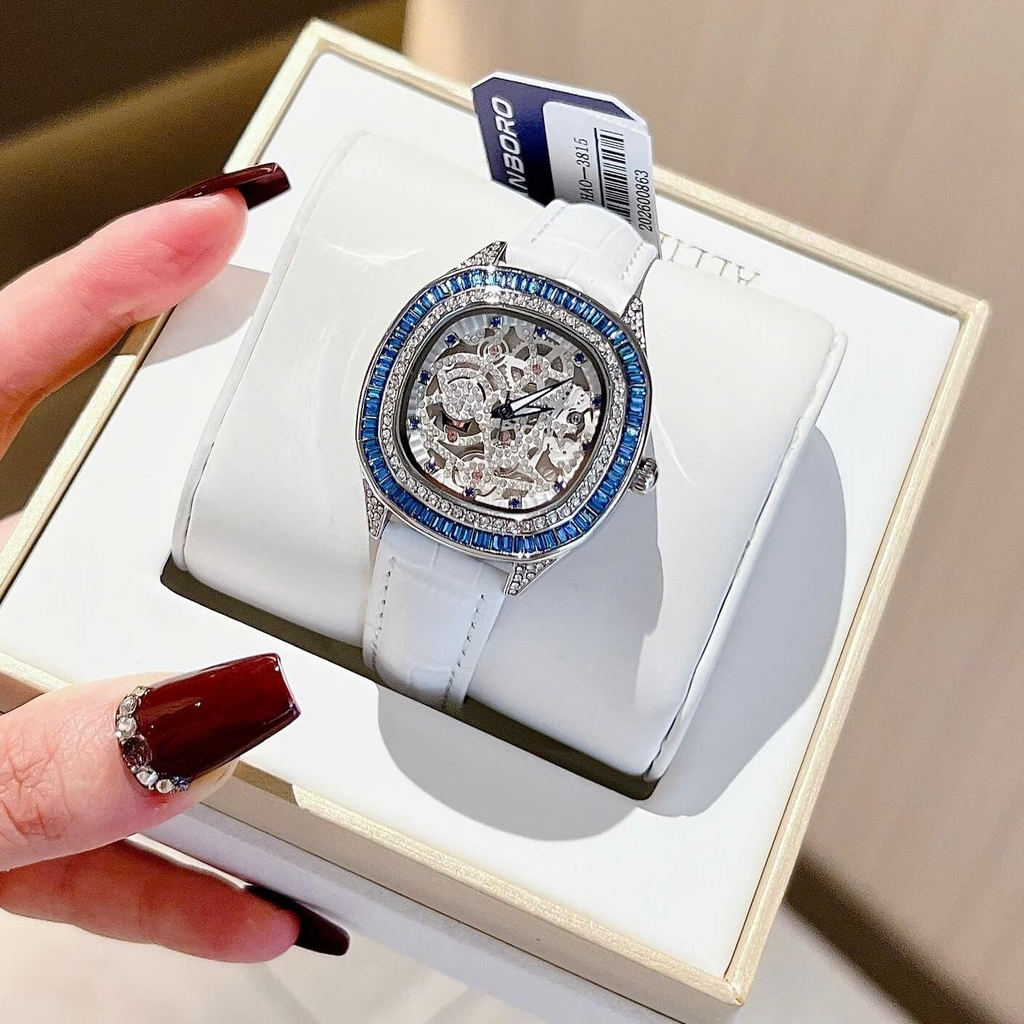 Đồng Hồ Hanboro Nữ Dây Da Trắng Mặt Viền Đá Ruby Xanh Bo Tròn Size 34mm Quartz Japan