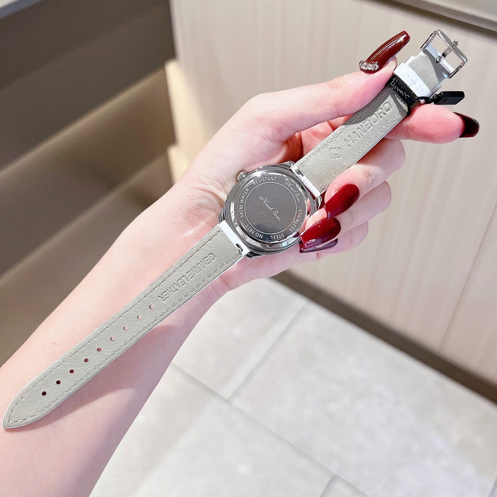 Đồng Hồ Hanboro Nữ Dây Da Trắng Mặt Viền Đá Ruby Xanh Bo Tròn Size 34mm Quartz Japan