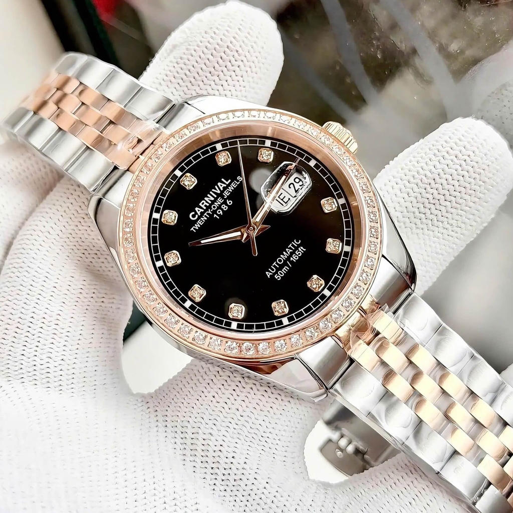 Đồng Hồ Nam Carnival 8131G2-CH-D Automatic Dây Thép Demi Vàng Hồng Mặt Đen Size 40mm