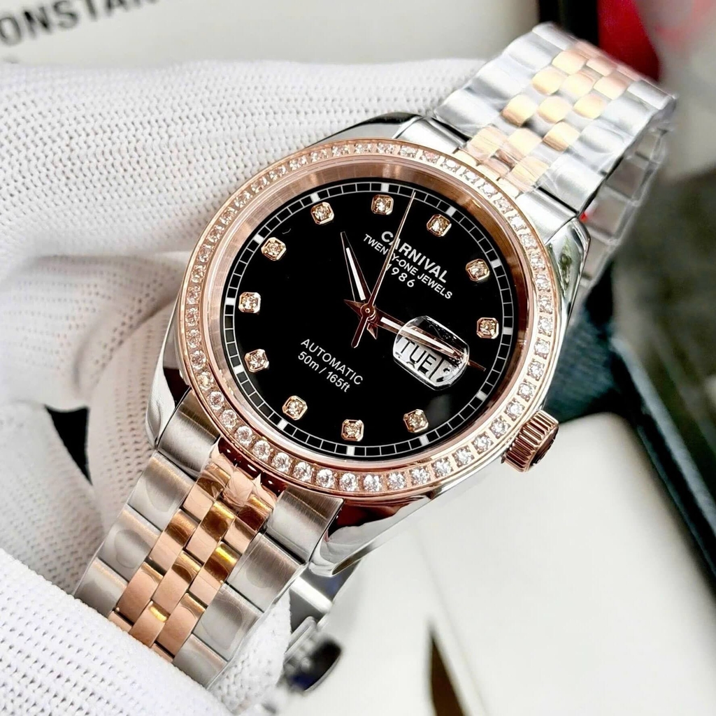 Đồng Hồ Nam Carnival 8131G2-CH-D Automatic Dây Thép Demi Vàng Hồng Mặt Đen Size 40mm