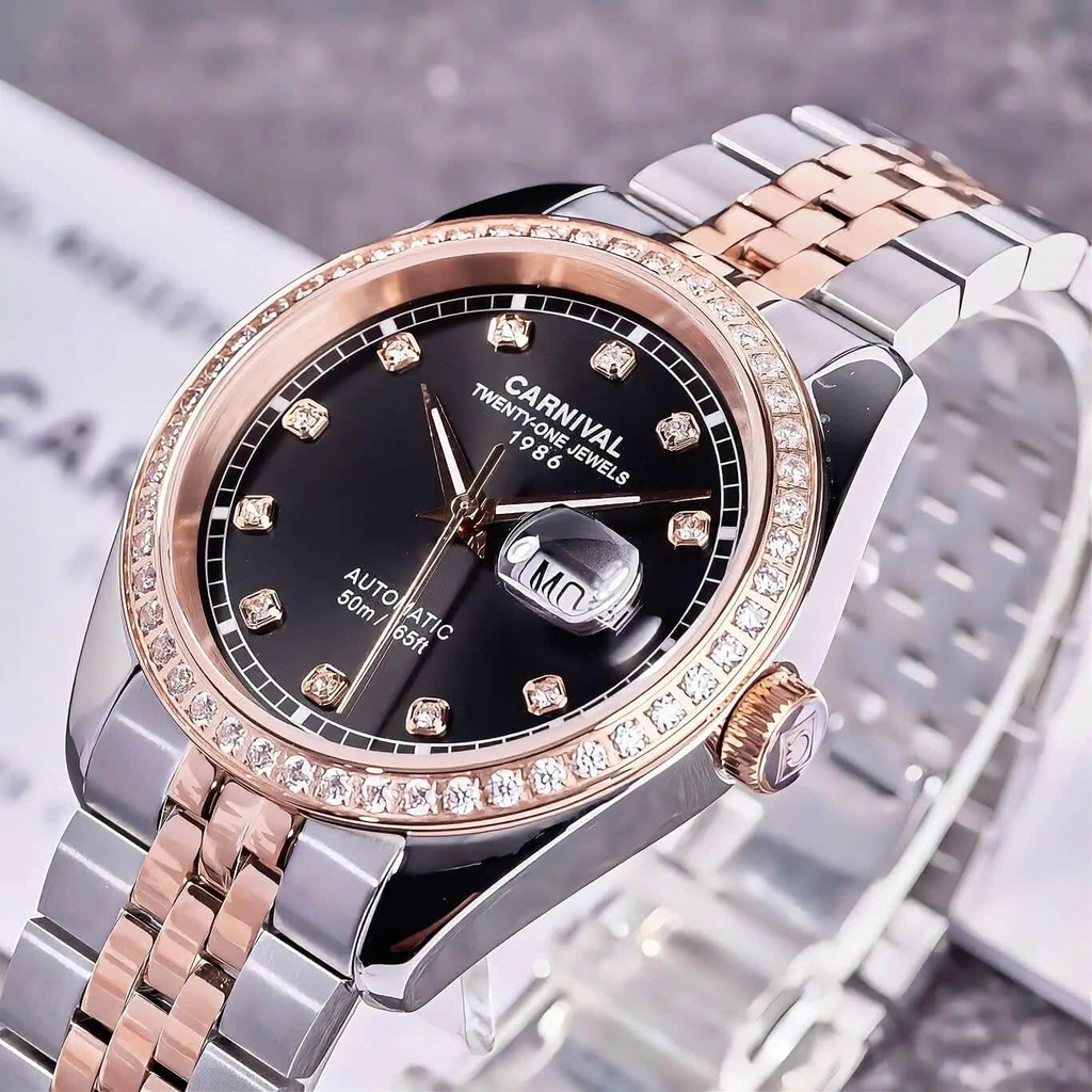 Đồng Hồ Nam Carnival 8131G2-CH-D Automatic Dây Thép Demi Vàng Hồng Mặt Đen Size 40mm