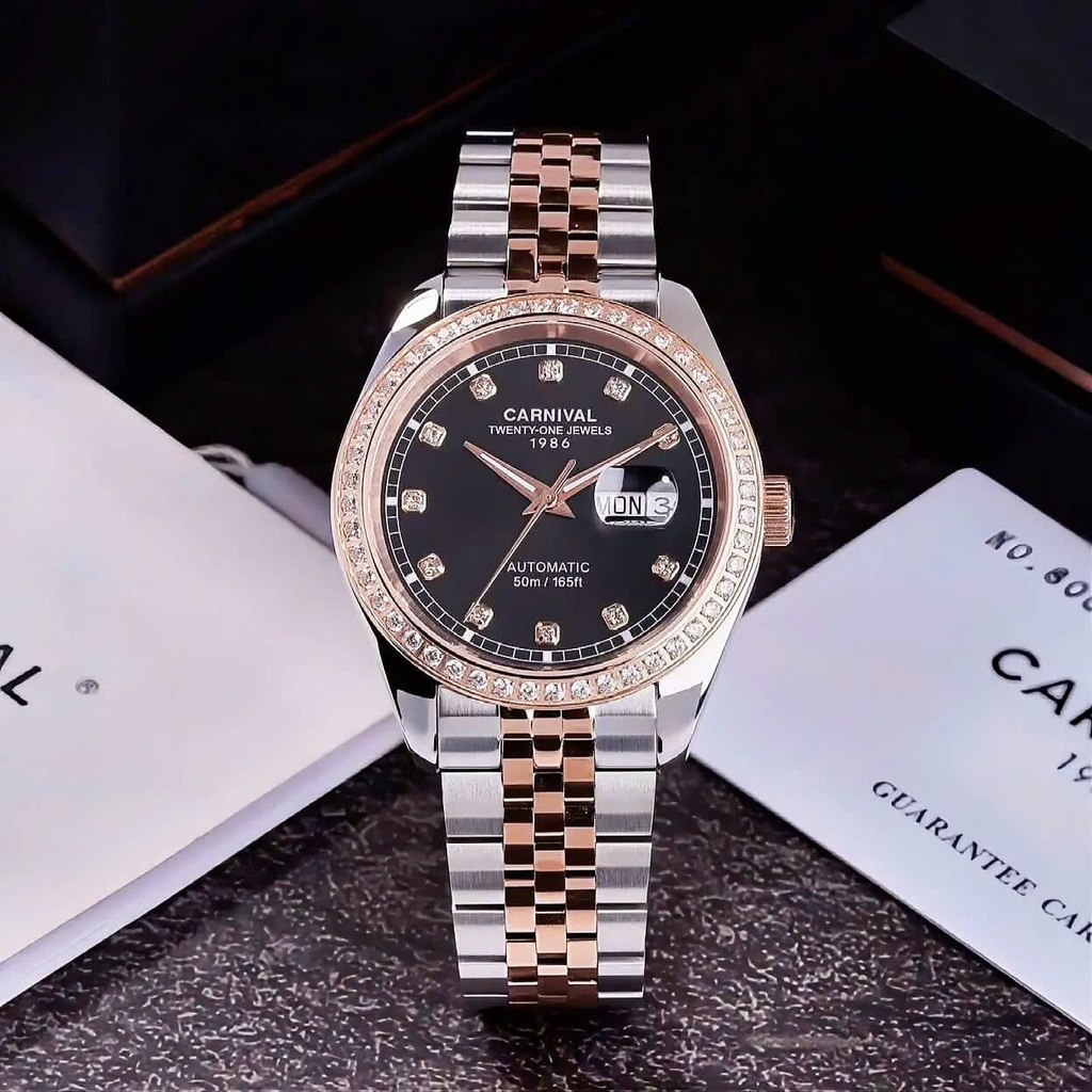 Đồng Hồ Nam Carnival 8131G2-CH-D Automatic Dây Thép Demi Vàng Hồng Mặt Đen Size 40mm