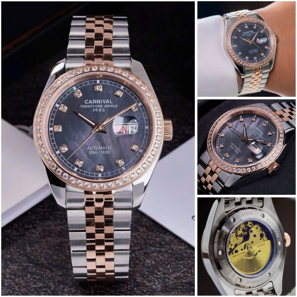 Đồng Hồ Nam Carnival 8131G2-CH-DK Automatic Dây Demi Vàng Hồng Mặt Xà Cừ Xám Size 40mm