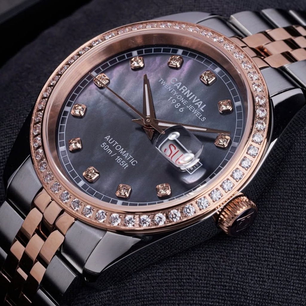 Đồng Hồ Nam Carnival 8131G2-CH-DK Automatic Dây Demi Vàng Hồng Mặt Xà Cừ Xám Size 40mm