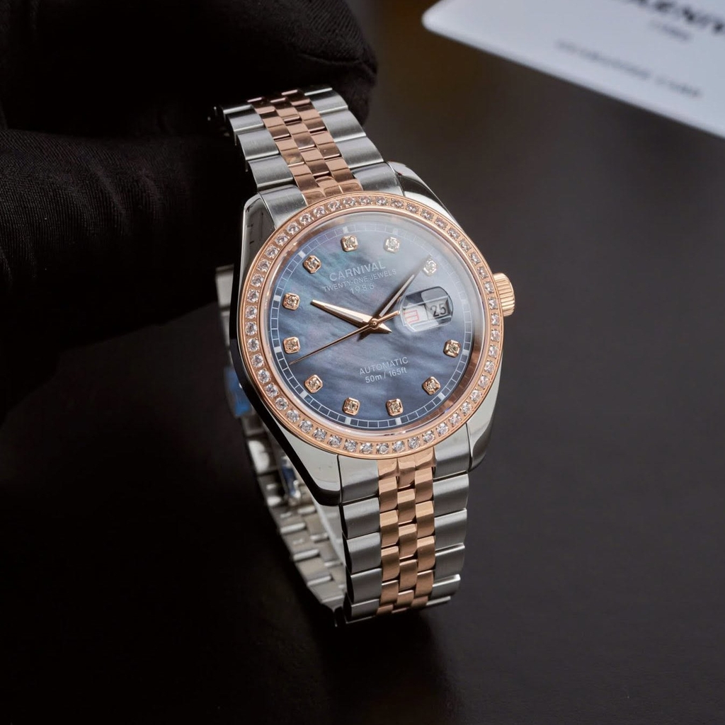 Đồng Hồ Nam Carnival 8131G2-CH-DK Automatic Dây Demi Vàng Hồng Mặt Xà Cừ Xám Size 40mm