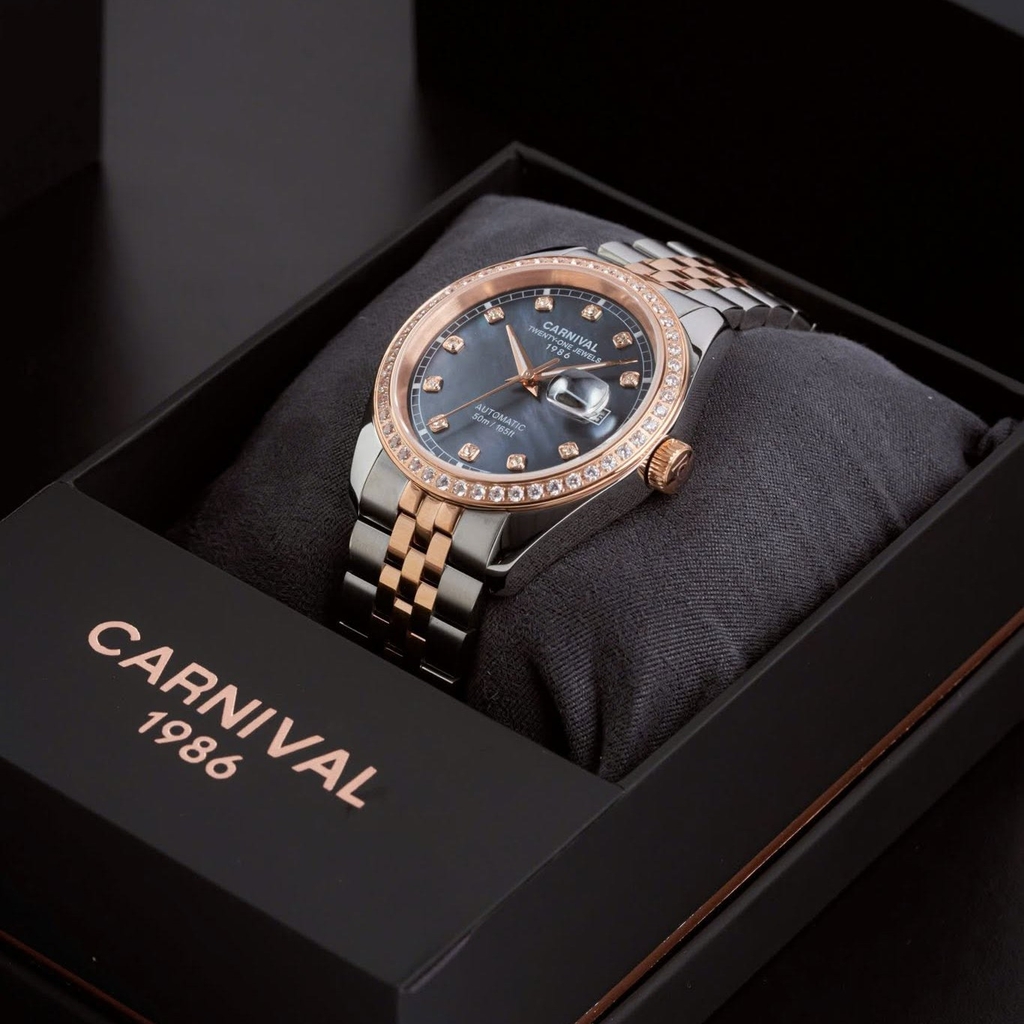 Đồng Hồ Nam Carnival 8131G2-CH-DK Automatic Dây Demi Vàng Hồng Mặt Xà Cừ Xám Size 40mm