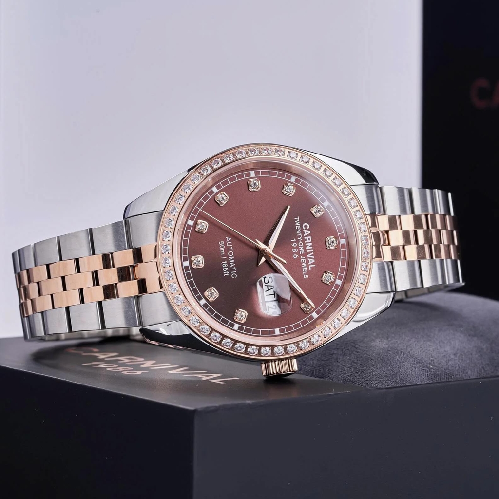 Đồng Hồ Nam Carnival 8131G2-CH-N Automatic Dây Thép Demi Vàng Hồng Mặt Nâu Size 40mm