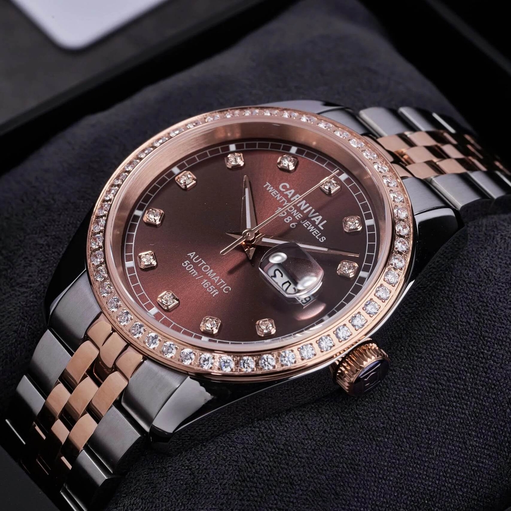 Đồng Hồ Nam Carnival 8131G2-CH-N Automatic Dây Thép Demi Vàng Hồng Mặt Nâu Size 40mm