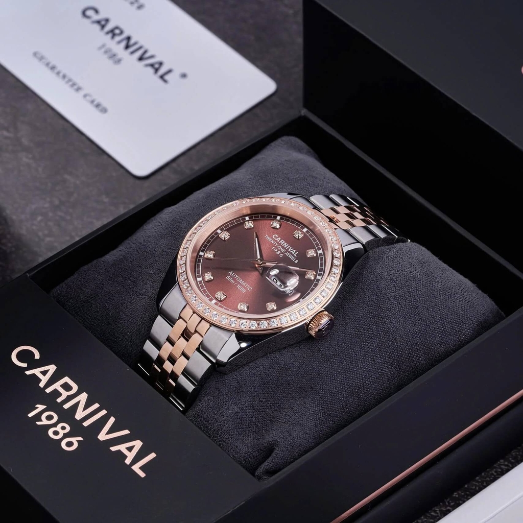 Đồng Hồ Nam Carnival 8131G2-CH-N Automatic Dây Thép Demi Vàng Hồng Mặt Nâu Size 40mm