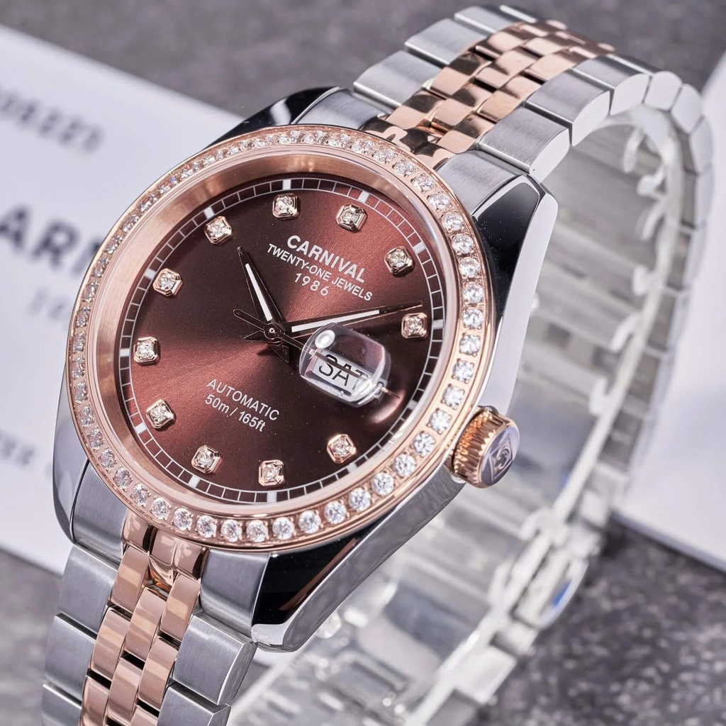 Đồng Hồ Nam Carnival 8131G2-CH-N Automatic Dây Thép Demi Vàng Hồng Mặt Nâu Size 40mm