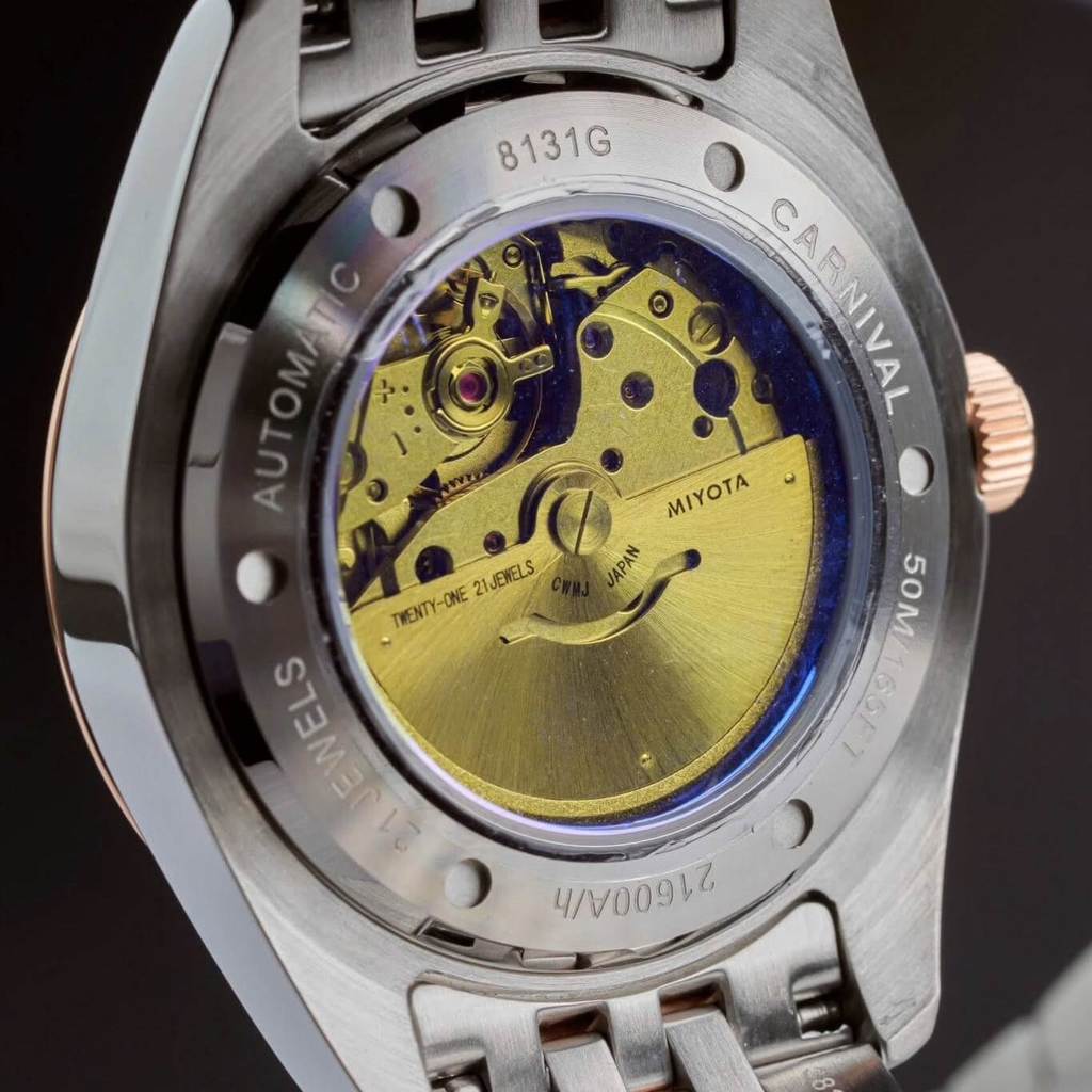 Đồng Hồ Nam Carnival 8131G2-CH-D Automatic Dây Thép Demi Vàng Hồng Mặt Đen Size 40mm