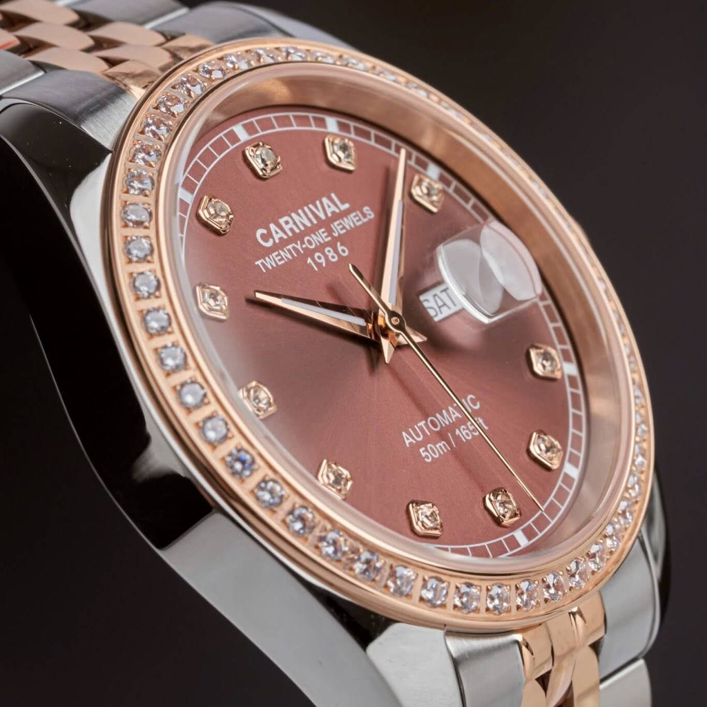 Đồng Hồ Nam Carnival 8131G2-CH-N Automatic Dây Thép Demi Vàng Hồng Mặt Nâu Size 40mm