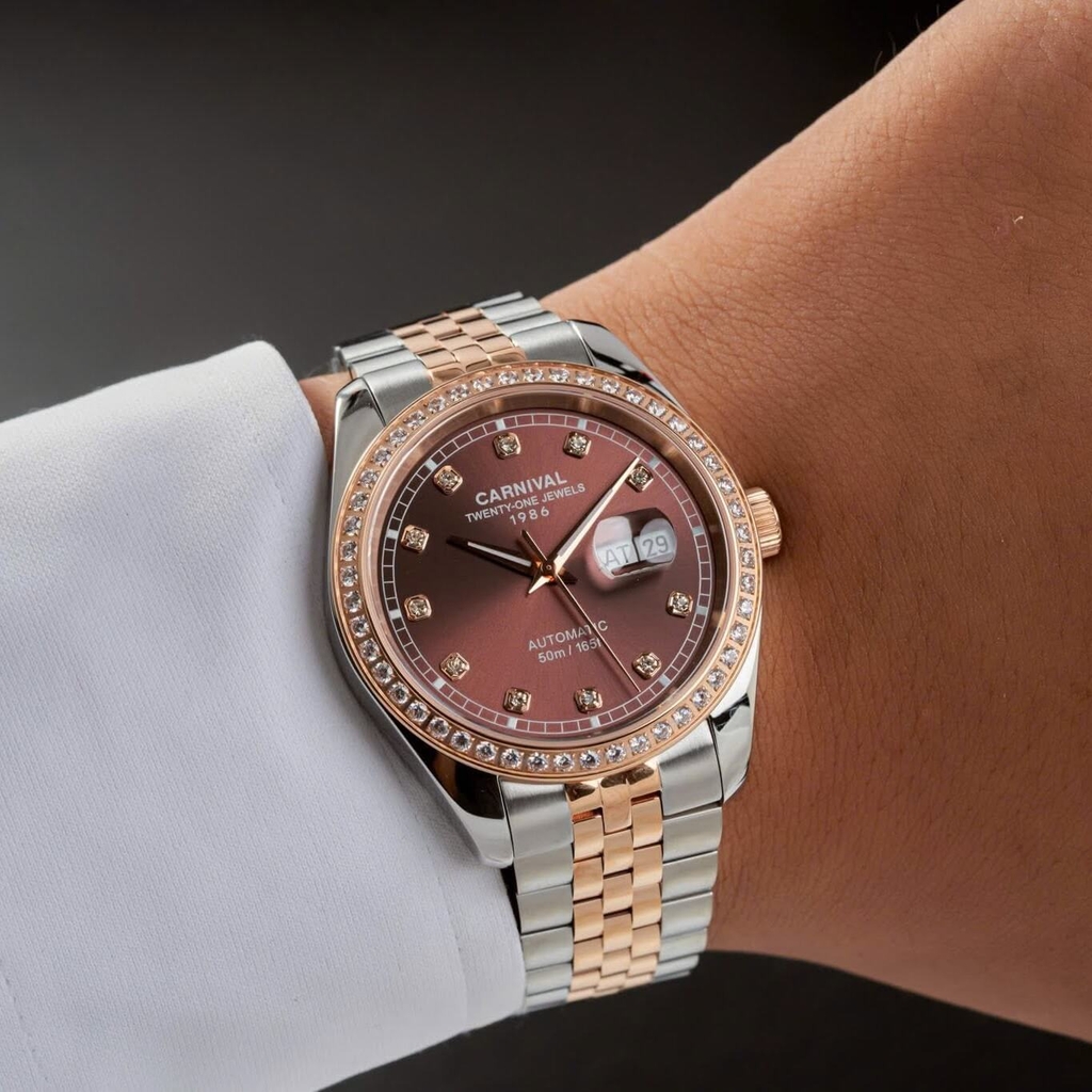 Đồng Hồ Nam Carnival 8131G2-CH-N Automatic Dây Thép Demi Vàng Hồng Mặt Nâu Size 40mm
