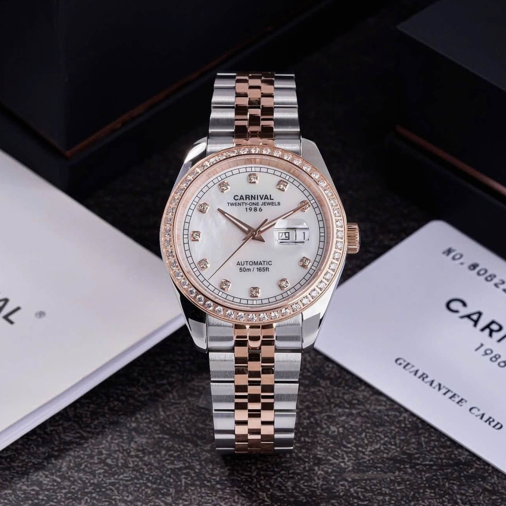 Đồng Hồ Nam Carnival 8131G2-CH-TK Automatic Dây Demi Vàng Hồng Mặt Xà Cừ Trắng Size 40mm