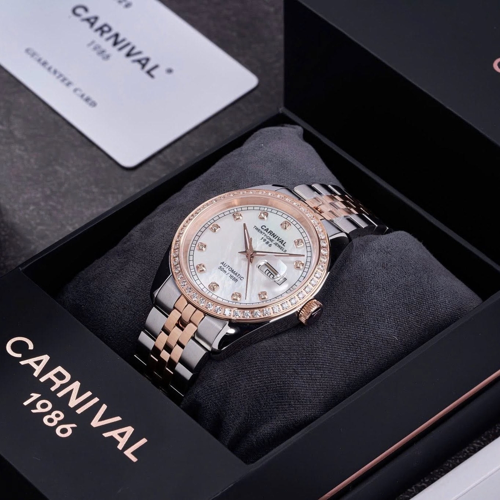 Đồng Hồ Nam Carnival 8131G2-CH-TK Automatic Dây Demi Vàng Hồng Mặt Xà Cừ Trắng Size 40mm