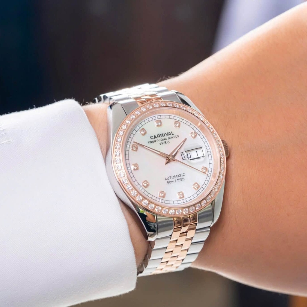Đồng Hồ Nam Carnival 8131G2-CH-TK Automatic Dây Demi Vàng Hồng Mặt Xà Cừ Trắng Size 40mm