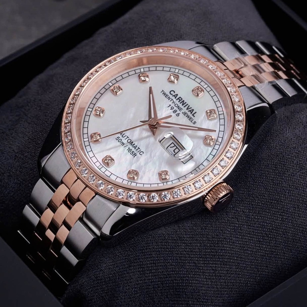 Đồng Hồ Nam Carnival 8131G2-CH-TK Automatic Dây Demi Vàng Hồng Mặt Xà Cừ Trắng Size 40mm
