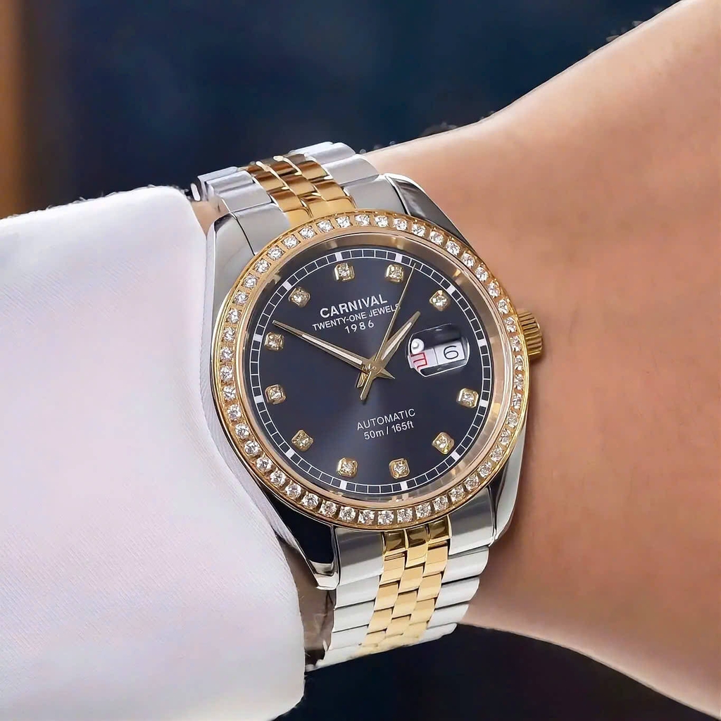 Đồng Hồ Nam Carnival 8131G2-CV-D Automatic Dây Thép Demi Vàng Mặt Đen Size 40mm